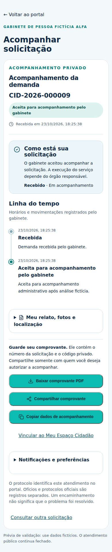 Tela de acompanhamento do produto com dados fictícios de teste